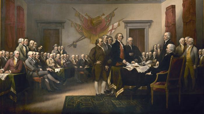 Die Unabhängigkeitserklärung wird dem Kontinentalkongress vorgelegt. Gemälde von John Trumbull um 1816, kein Copyright-Text angegeben 