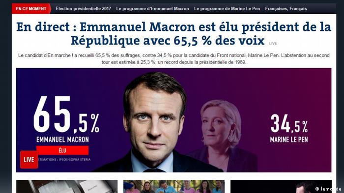 Screenshot le monde Hochrechnung Präsidentenwahl in Frankreich
(lemonde)