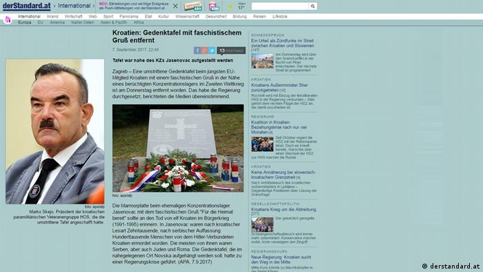 Screenshot Presseschau - derStandard.at - Kroatien: Gedenktafel mit faschistischem Gruß entfernt (derstandard.at)