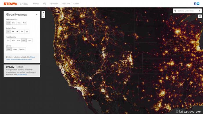 نقشه اپ استراوا با نقاط روشن و تاریک